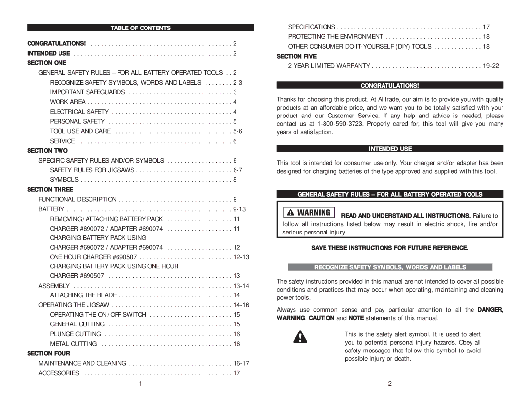 Kawasaki 840443 Table of Contents, Congratulations, Intended USE, General Safety Rules for ALL Battery Operated Tools 