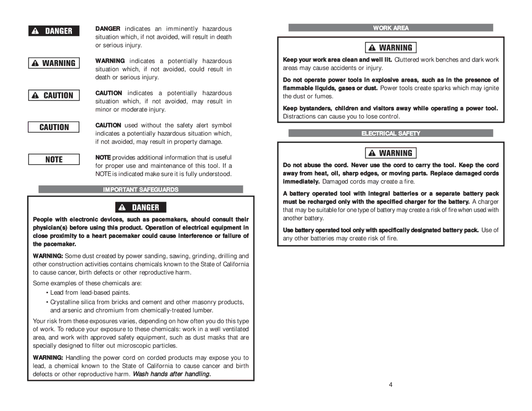 Kawasaki 840443 instruction manual Important Safeguards, Work Area, Electrical Safety 