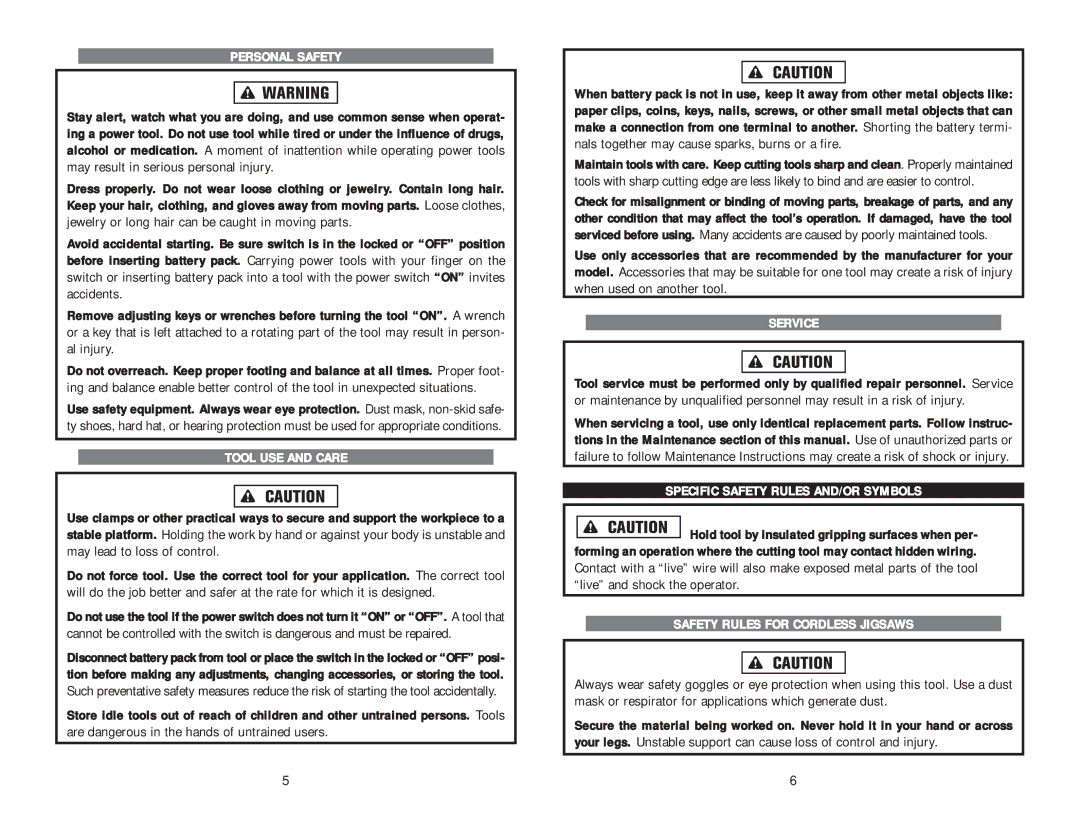 Kawasaki 840443 instruction manual Personal Safety, Tool USE and Care, Service, Specific Safety Rules AND/OR Symbols 