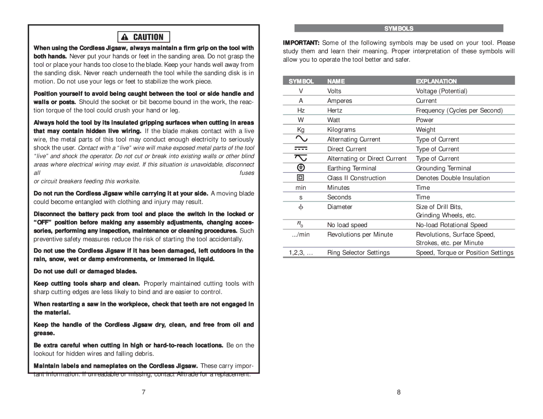 Kawasaki 840443 instruction manual Do not use dull or damaged blades, Symbols, Symbol Name Explanation 