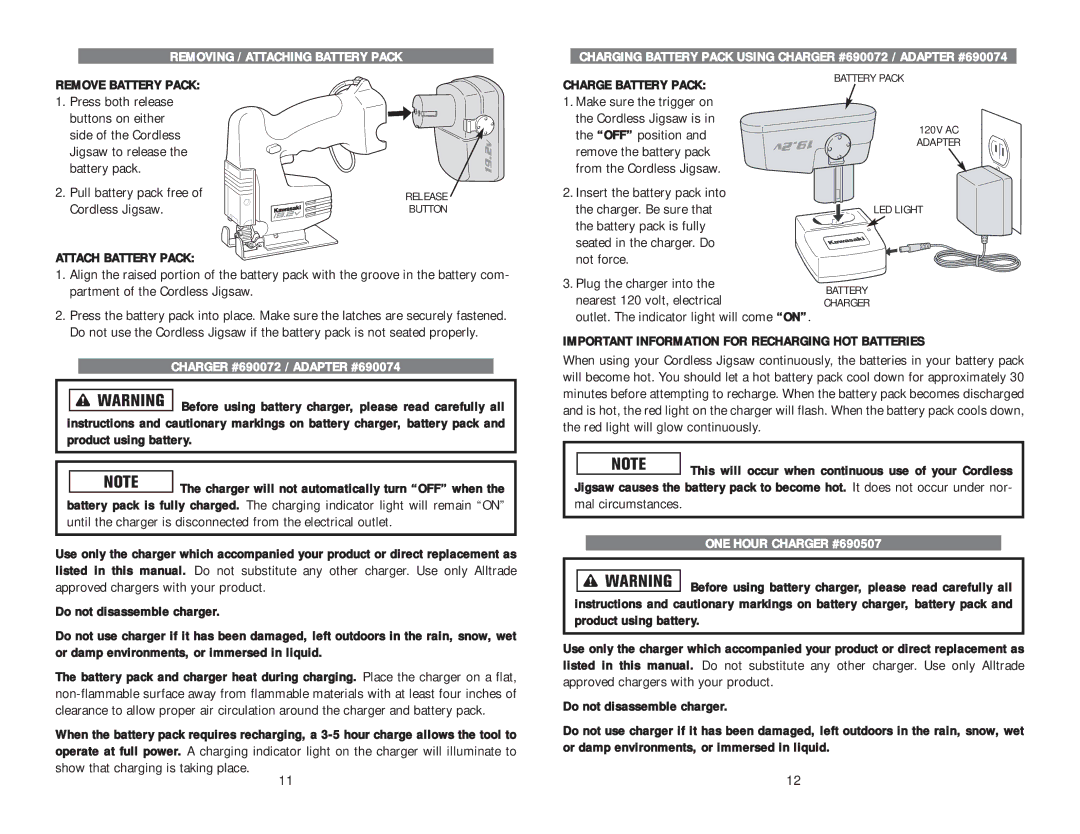 Kawasaki 840443 instruction manual Removing / Attaching Battery Pack, ONE Hour Charger #690507 