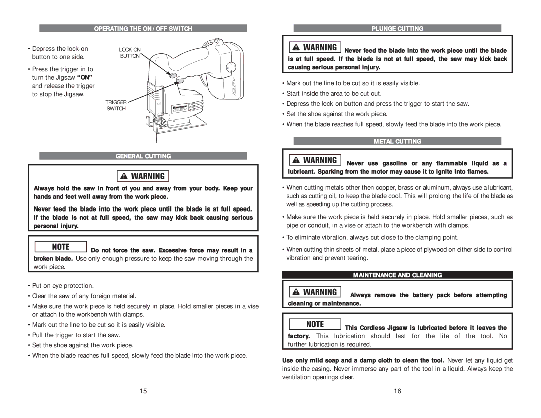 Kawasaki 840443 Operating the on / OFF Switch Plunge Cutting, Metal Cutting General Cutting, Maintenance and Cleaning 