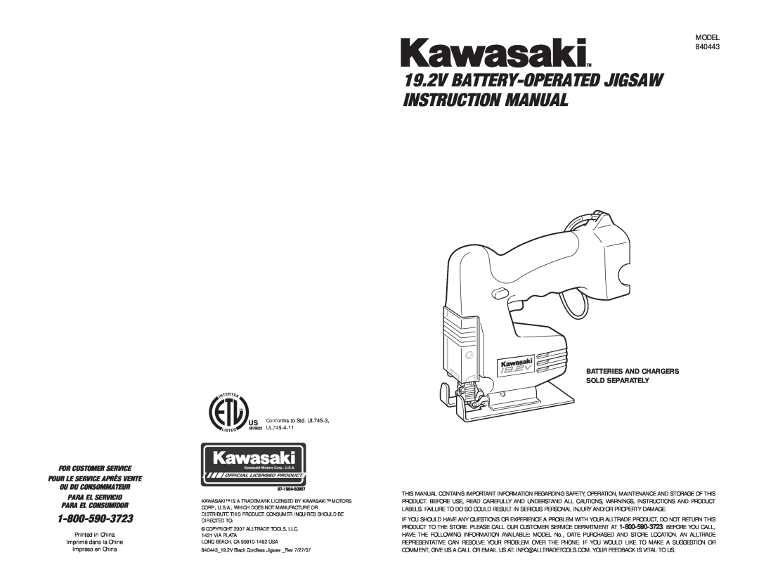 Kawasaki 840443 instruction manual 19.2V BATTERY-OPERATED JIGSAW INSTRUCTION MANUAL, Para El Servicio Para El Consumidor 