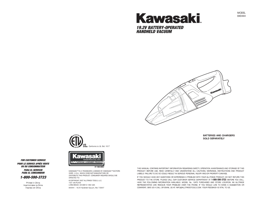 Kawasaki 840444 manual 19.2V BATTERY-OPERATED Handheld Vacuum 