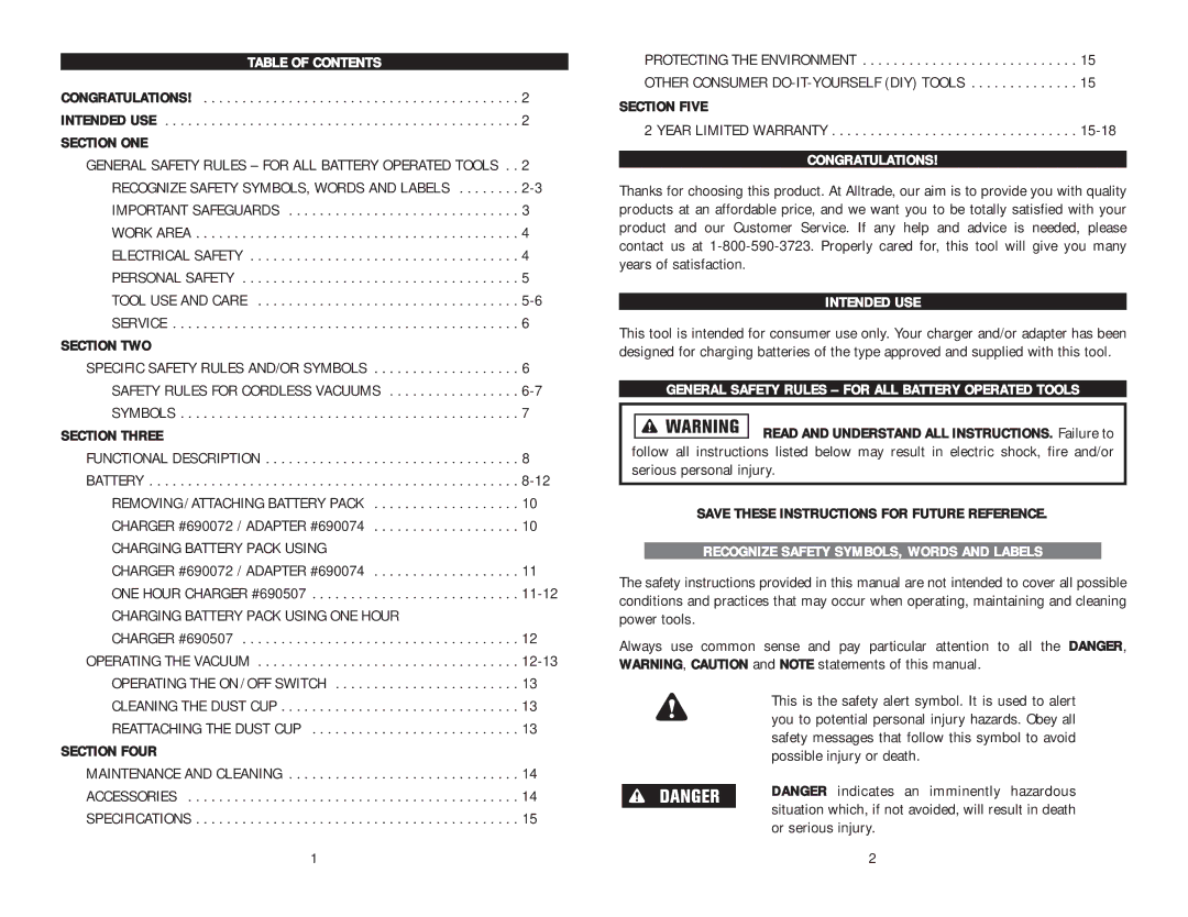 Kawasaki 840444 Table of Contents, Congratulations, Intended USE, General Safety Rules for ALL Battery Operated Tools 