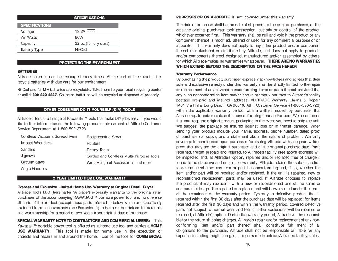 Kawasaki 840444 manual Specifications, Protecting the Environment, Other Consumer DO-IT-YOURSELF DIY Tools 