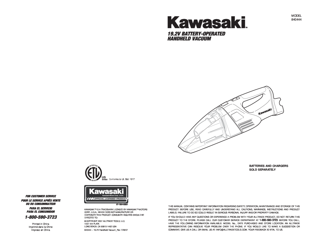 Kawasaki 840444 manual 19.2V BATTERY-OPERATEDHANDHELD VACUUM, Model, For Customer Service Pour Le Service Aprés Vente 