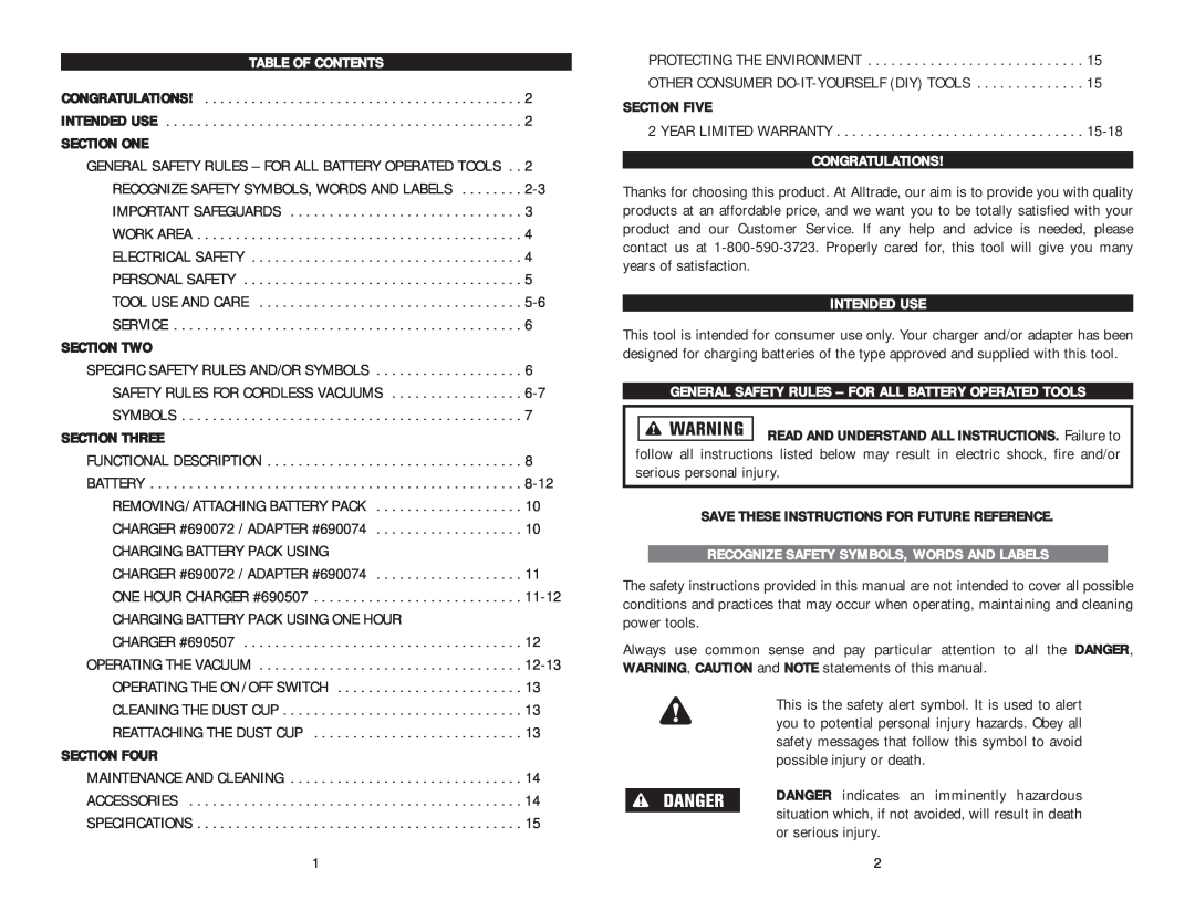 Kawasaki 840444 Table Of Contents, Congratulations, Intended Use, Recognize Safety Symbols, Words And Labels, Section One 