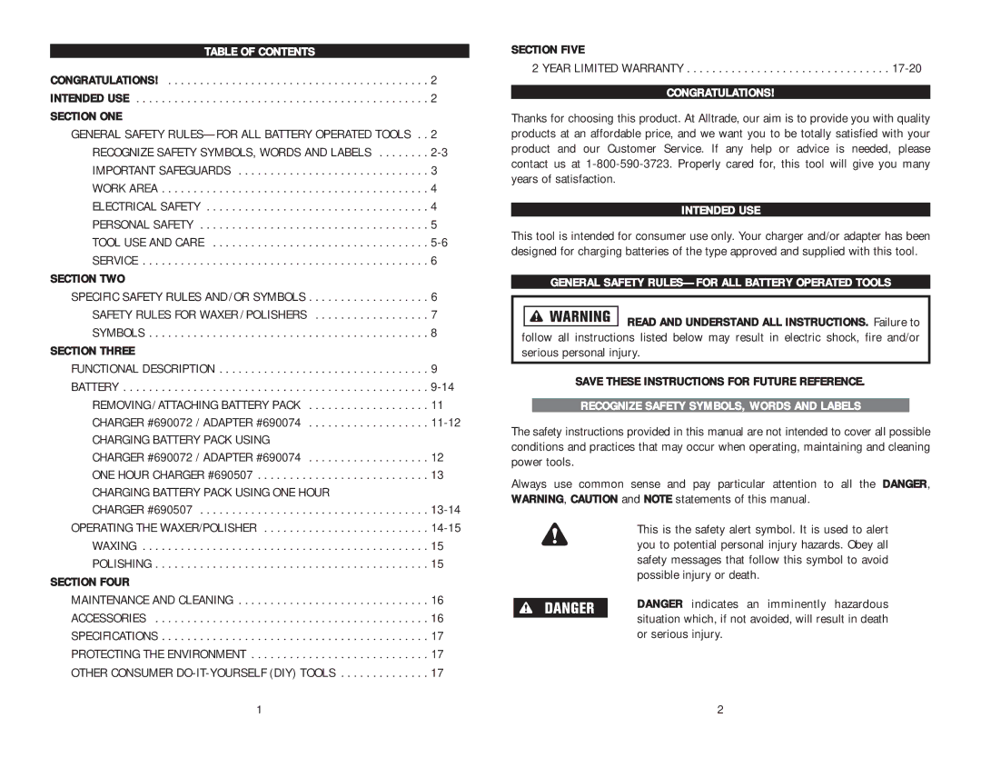 Kawasaki 840457 Table of Contents, Congratulations, Intended USE, General Safety RULES-FOR ALL Battery Operated Tools 