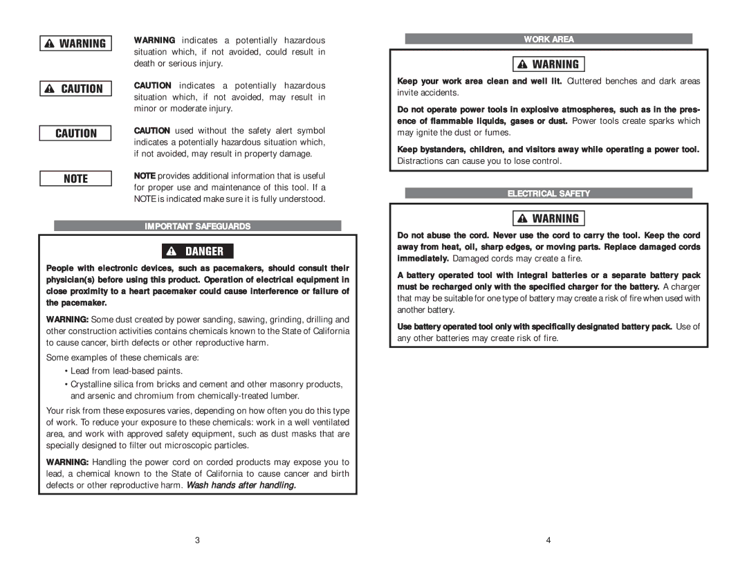 Kawasaki 840457 instruction manual Important Safeguards, Work Area, Electrical Safety 