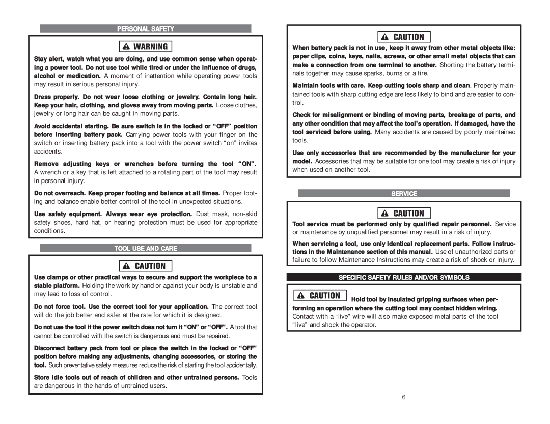 Kawasaki 840457 instruction manual Personal Safety, Tool USE and Care, Service, Specific Safety Rules AND/OR Symbols 