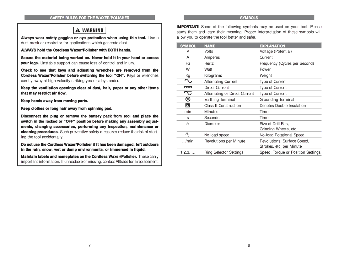 Kawasaki 840457 Safety Rules for the WAXER/POLISHER, Always hold the Cordless Waxer/Polisher with Both hands, Symbols 