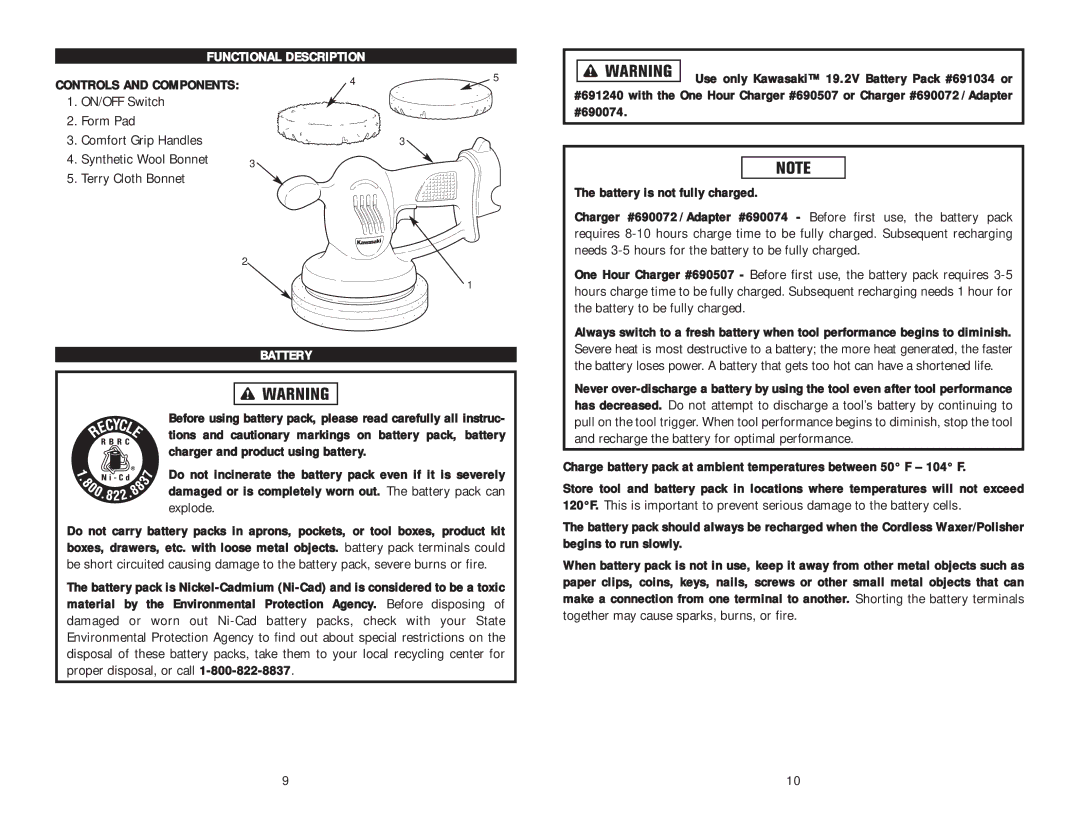 Kawasaki 840457 instruction manual Functional Description, Battery, Together may cause sparks, burns, or fire 