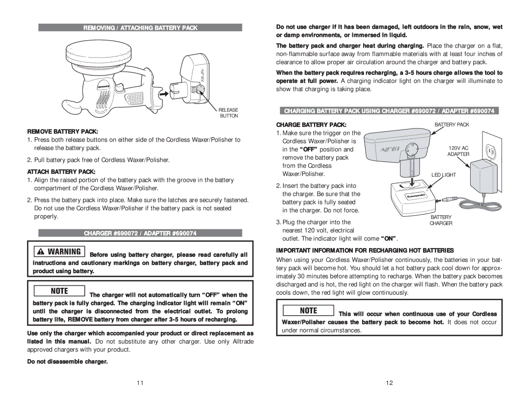 Kawasaki 840457 Removing / Attaching Battery Pack, Remove Battery Pack, Attach Battery Pack, Charge Battery Pack 