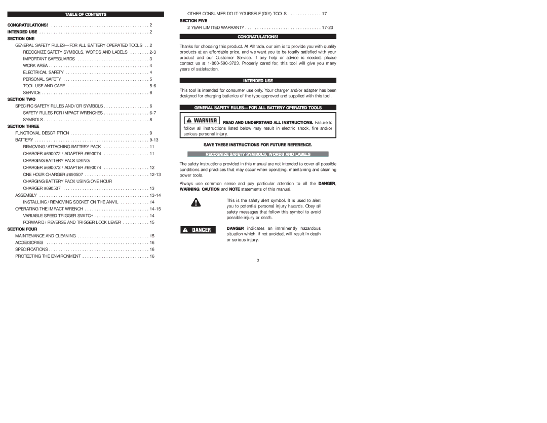 Kawasaki 840458 Table of Contents, Congratulations, Intended USE, General Safety RULES-FOR ALL Battery Operated Tools 