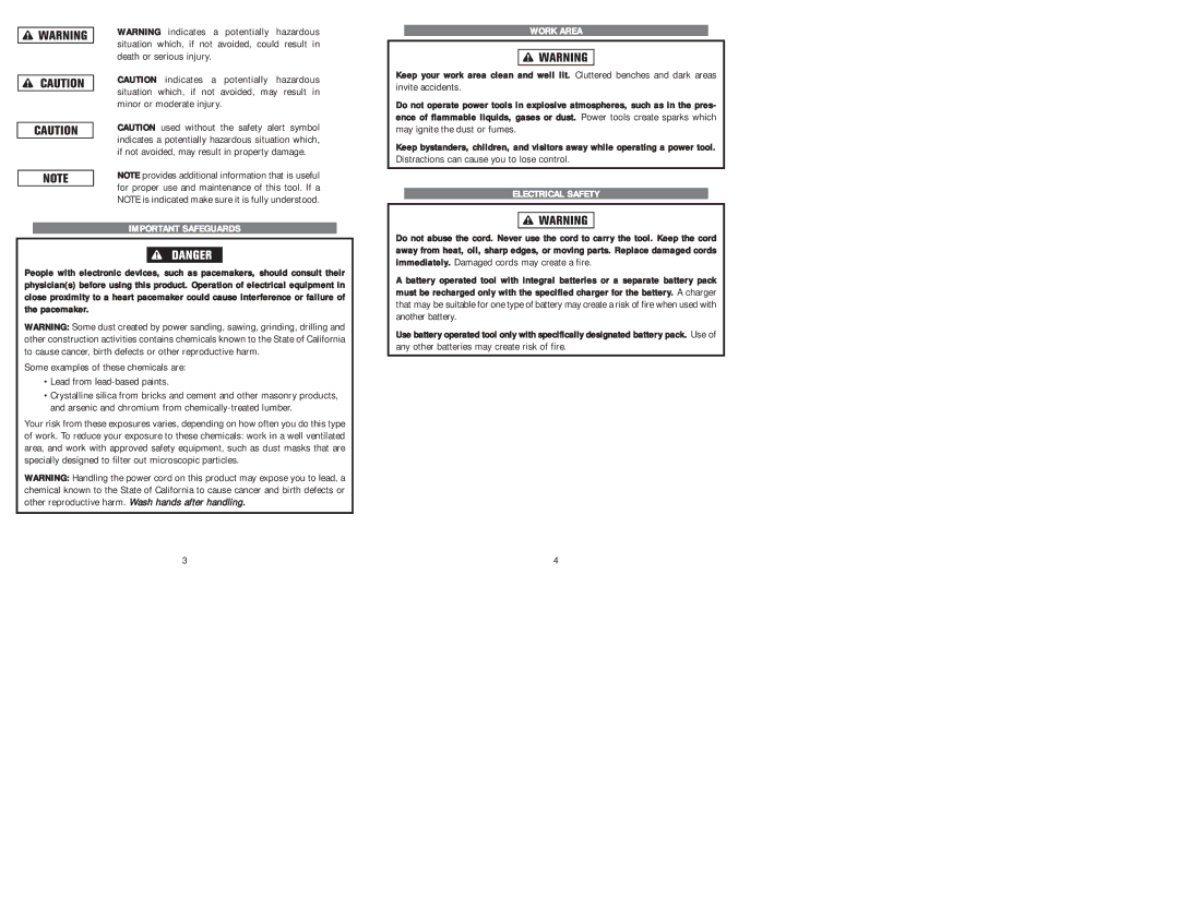 Kawasaki 840458 instruction manual Important Safeguards, Work Area, Electrical Safety 