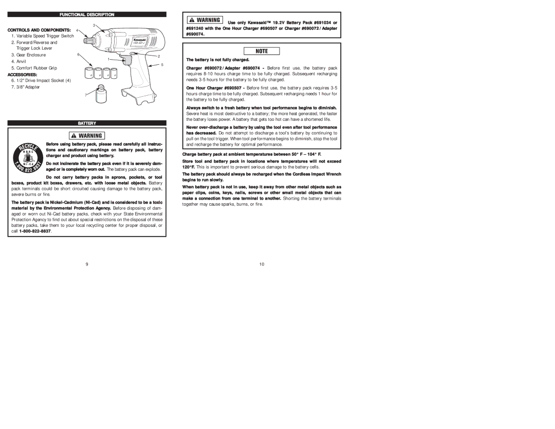 Kawasaki 840458 Functional Description, Accessories, Adapter, Battery, Together may cause sparks, burns, or fire 