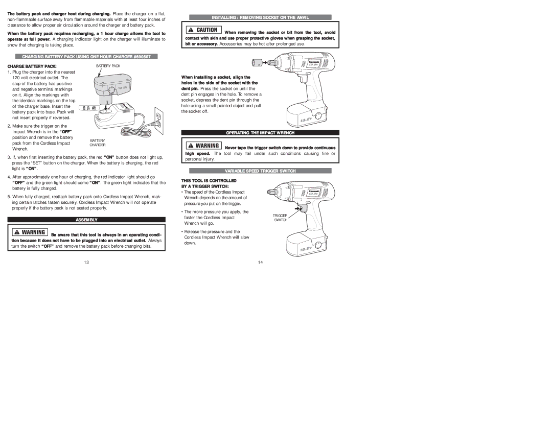 Kawasaki 840458 Operating the Impact Wrench, Never tape the trigger switch down to provide continuous, Assembly 