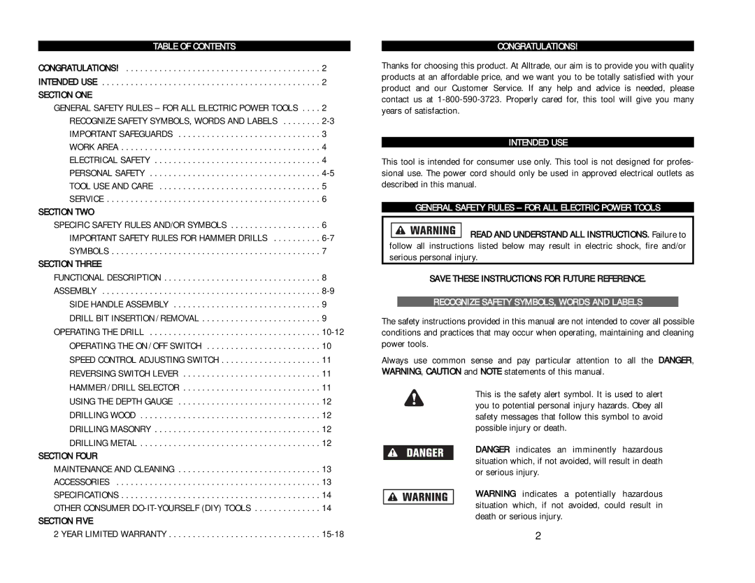 Kawasaki 840475 Table of Contents, Congratulations, Intended USE, General Safety Rules for ALL Electric Power Tools 