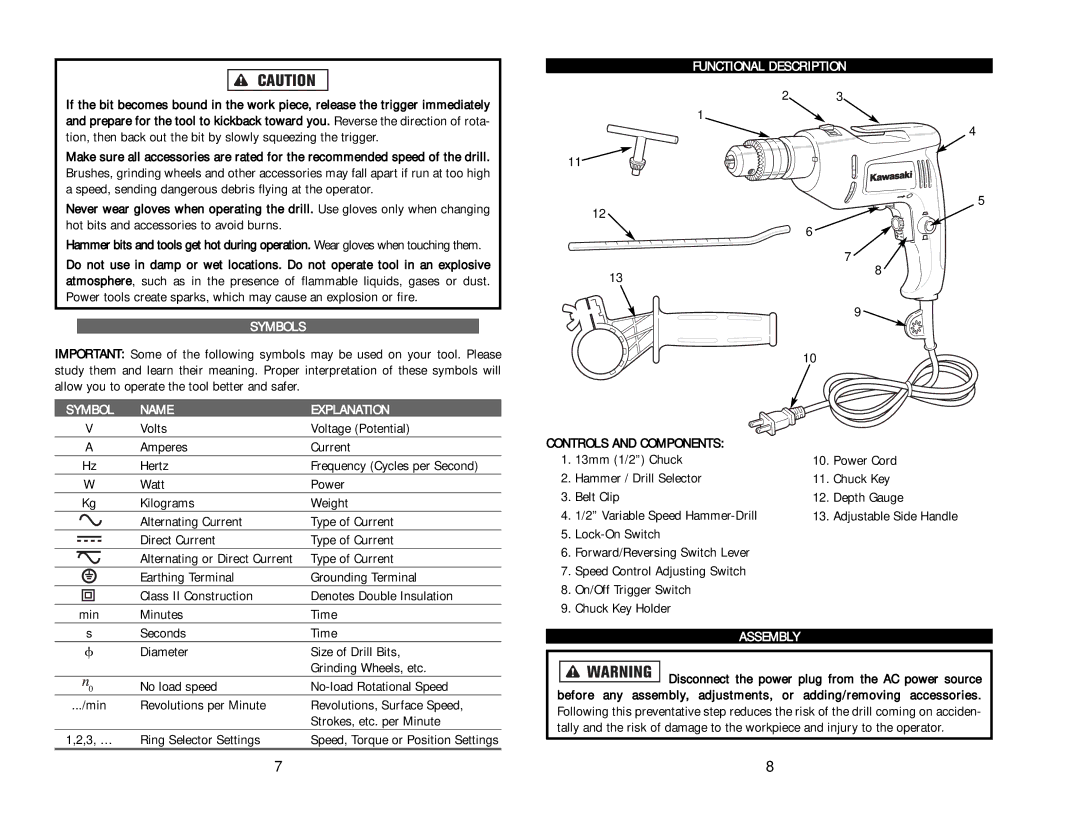 Kawasaki 840475 Functional Description, Symbols, Symbol Name Explanation, Ring Selector Settings, Assembly 