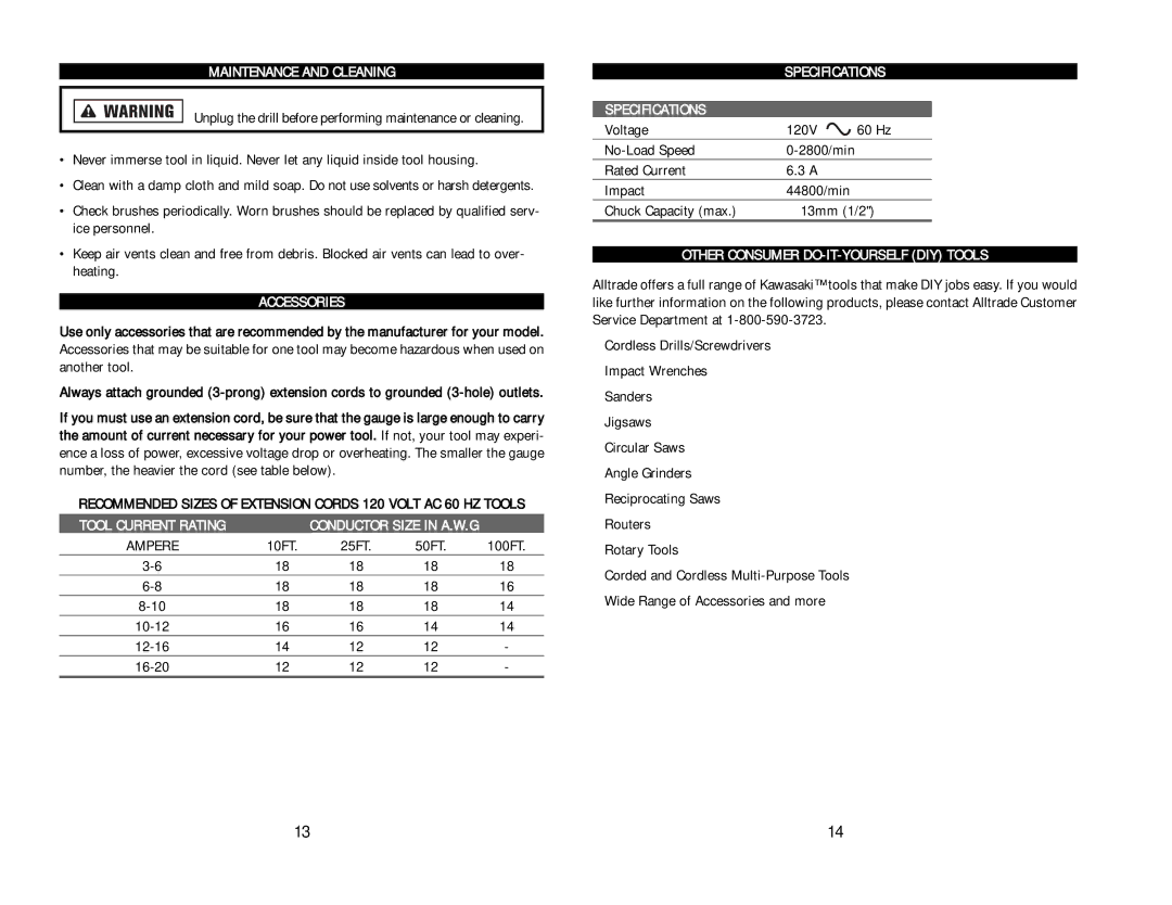 Kawasaki 840475 instruction manual Maintenance and Cleaning, Accessories, Tool Current Rating, Specifications 