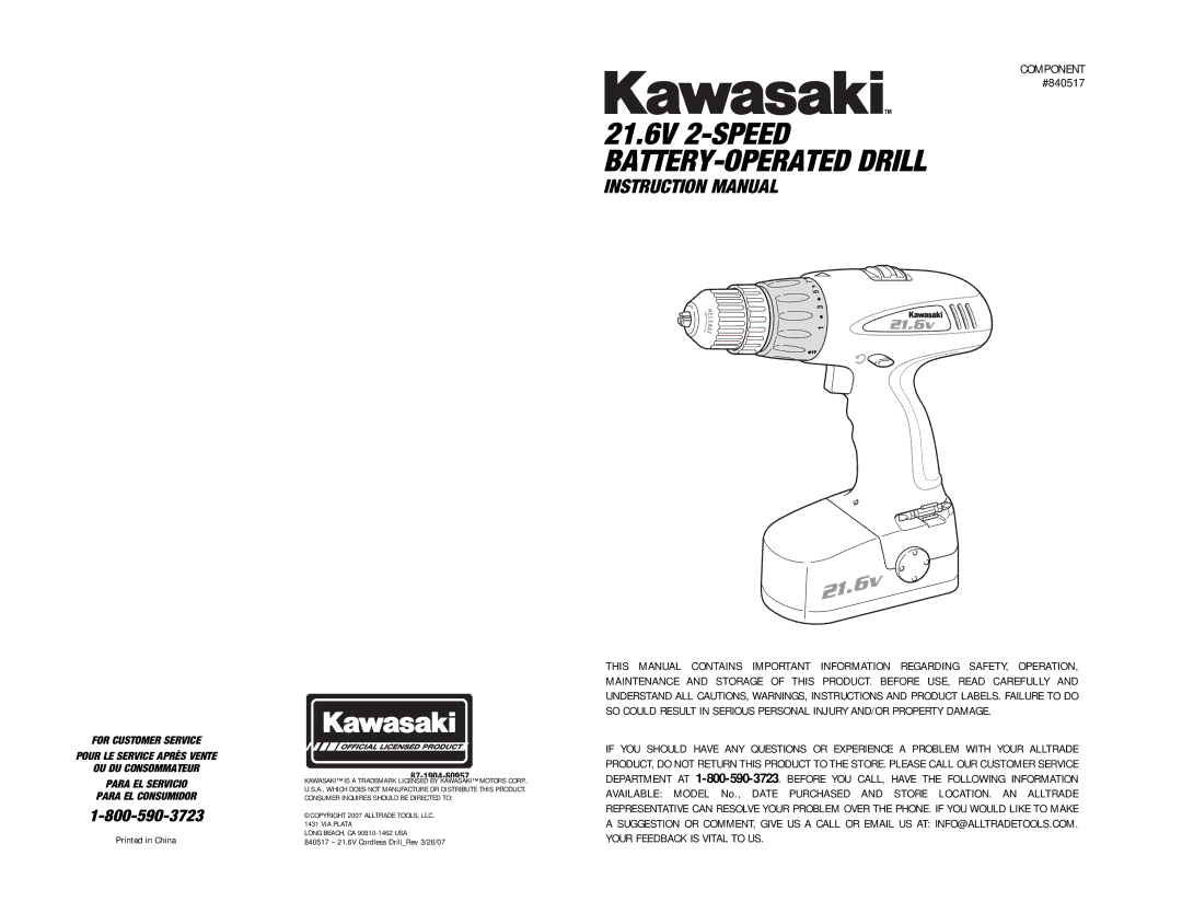 Kawasaki 840517 instruction manual 21.6V 2-SPEED BATTERY-OPERATED Drill 