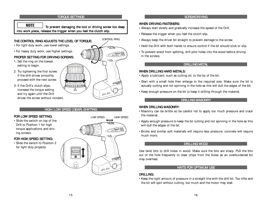 Kawasaki 840517 Torque Settings, Screwdriving, Drilling Metal, Drilling Masonry High / LOW Speed Gear Shifting 