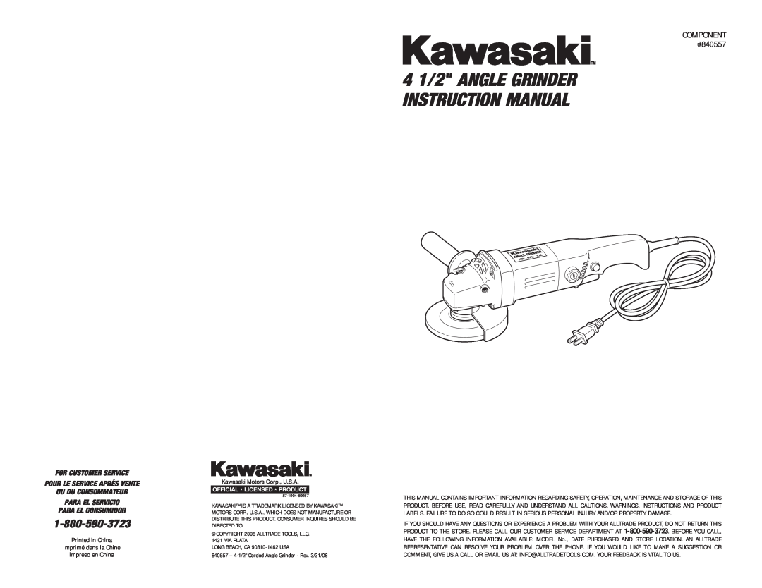 Kawasaki 840557 instruction manual 4 1/2 ANGLE GRINDER INSTRUCTION MANUAL, Para El Servicio Para El Consumidor 