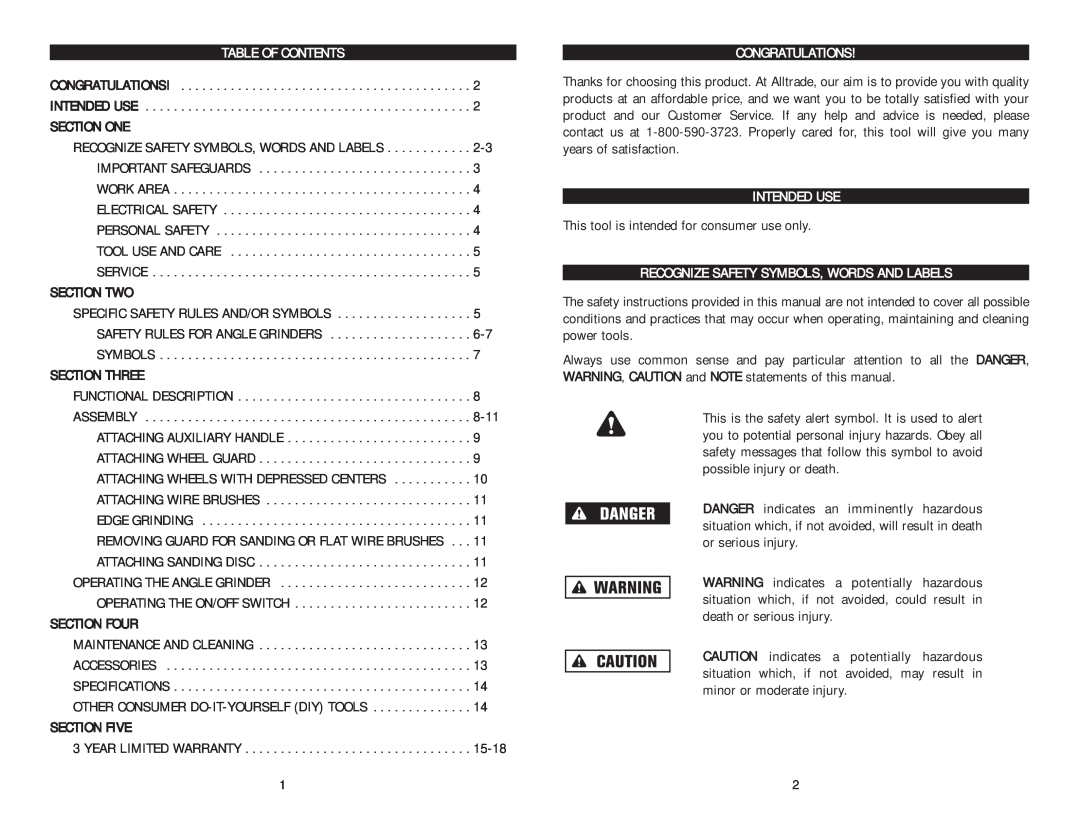 Kawasaki 840557 Table Of Contents, Congratulations, Intended Use, Recognize Safety Symbols, Words And Labels 