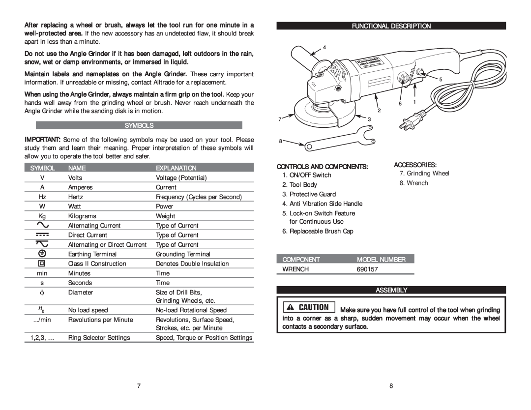Kawasaki 840557 instruction manual Symbols, Name, Explanation, Functional Description, Component, Model Number, Assembly 