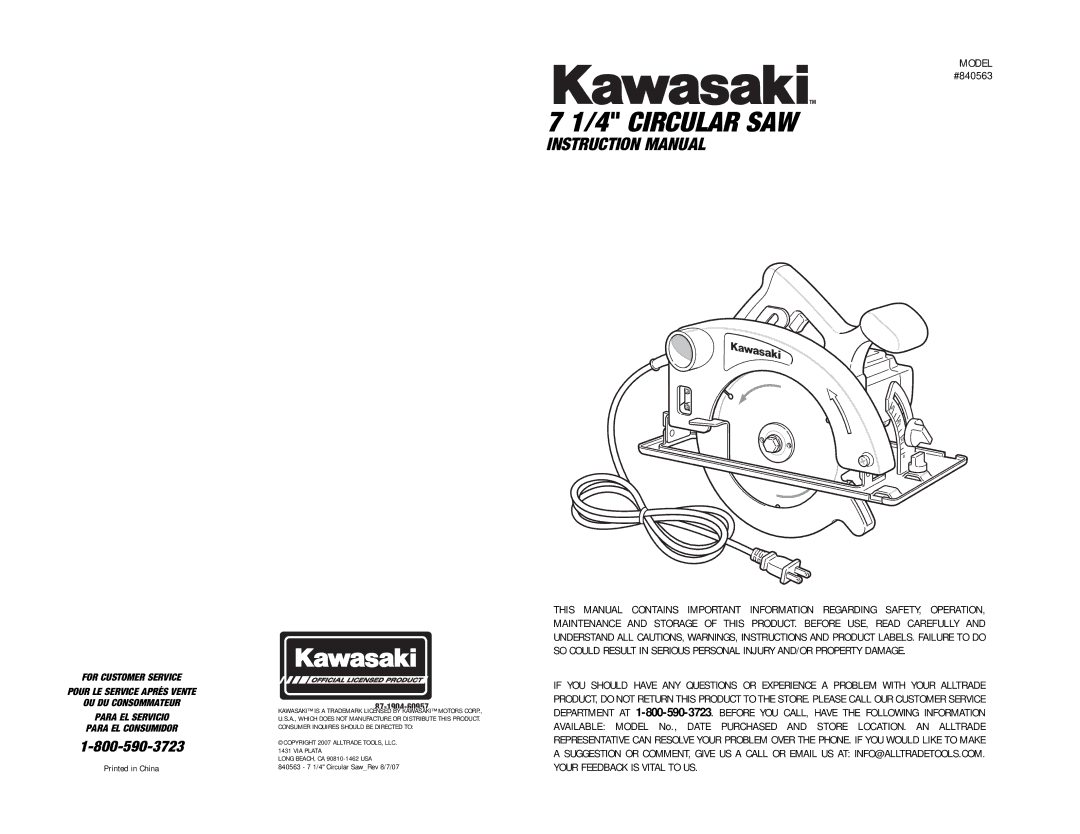 Kawasaki 840563 instruction manual Circular SAW 