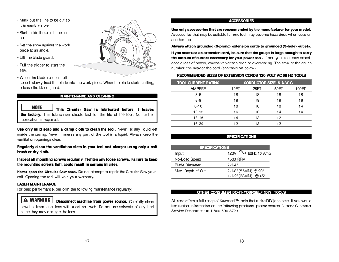 Kawasaki 840563 instruction manual Maintenance and Cleaning, Accessories, Tool Current Rating, Specifications 