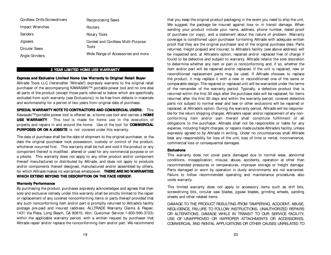 Kawasaki 840563 instruction manual Circular Saws Tools Angle Grinders, Year Limited Home USE Warranty 