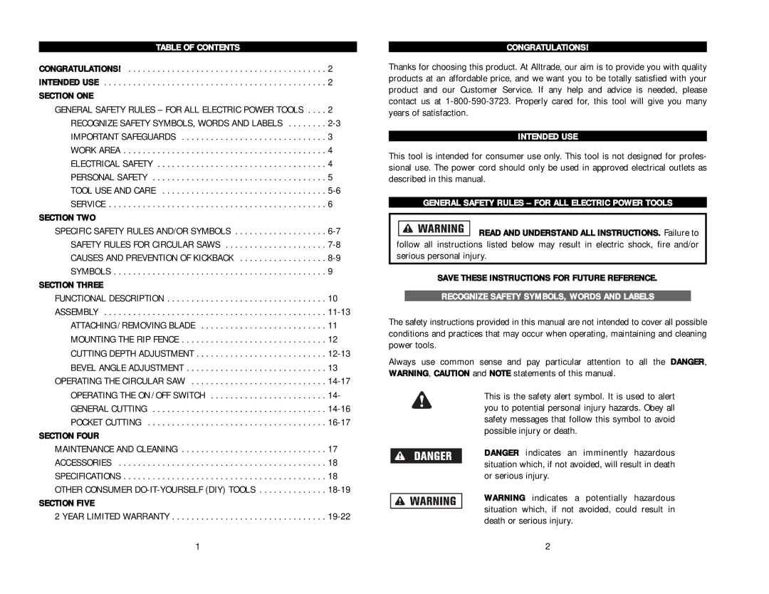 Kawasaki 840563 Table of Contents, Congratulations, Intended USE, General Safety Rules for ALL Electric Power Tools 