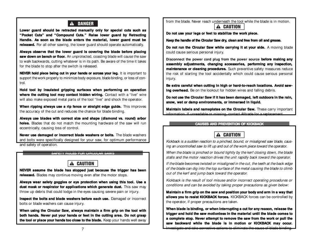 Kawasaki 840563 Safety of operation, Safety Rules for Circular Saws, Bolts or blade washers can cause injury 