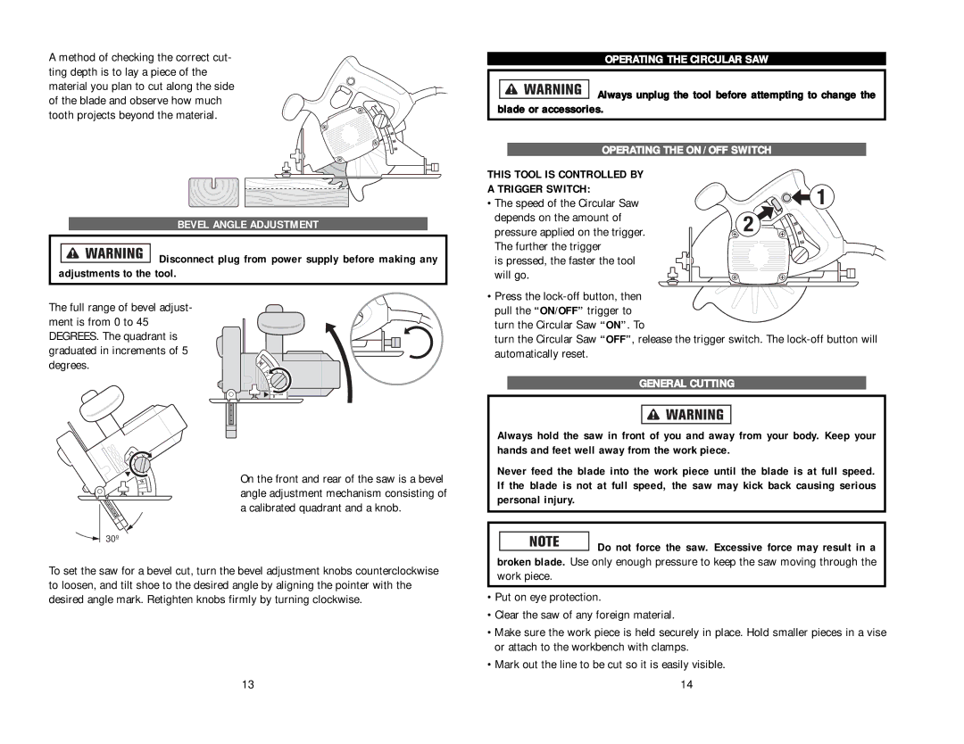 Kawasaki 840563 Bevel Angle Adjustment, Operating the Circular SAW, Operating the on / OFF Switch, General Cutting 