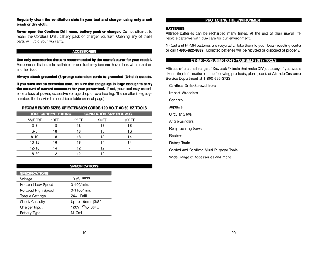 Kawasaki 840595 instruction manual Accessories, Conductor Size in A.W.G, Specifications, Protecting the Environment 