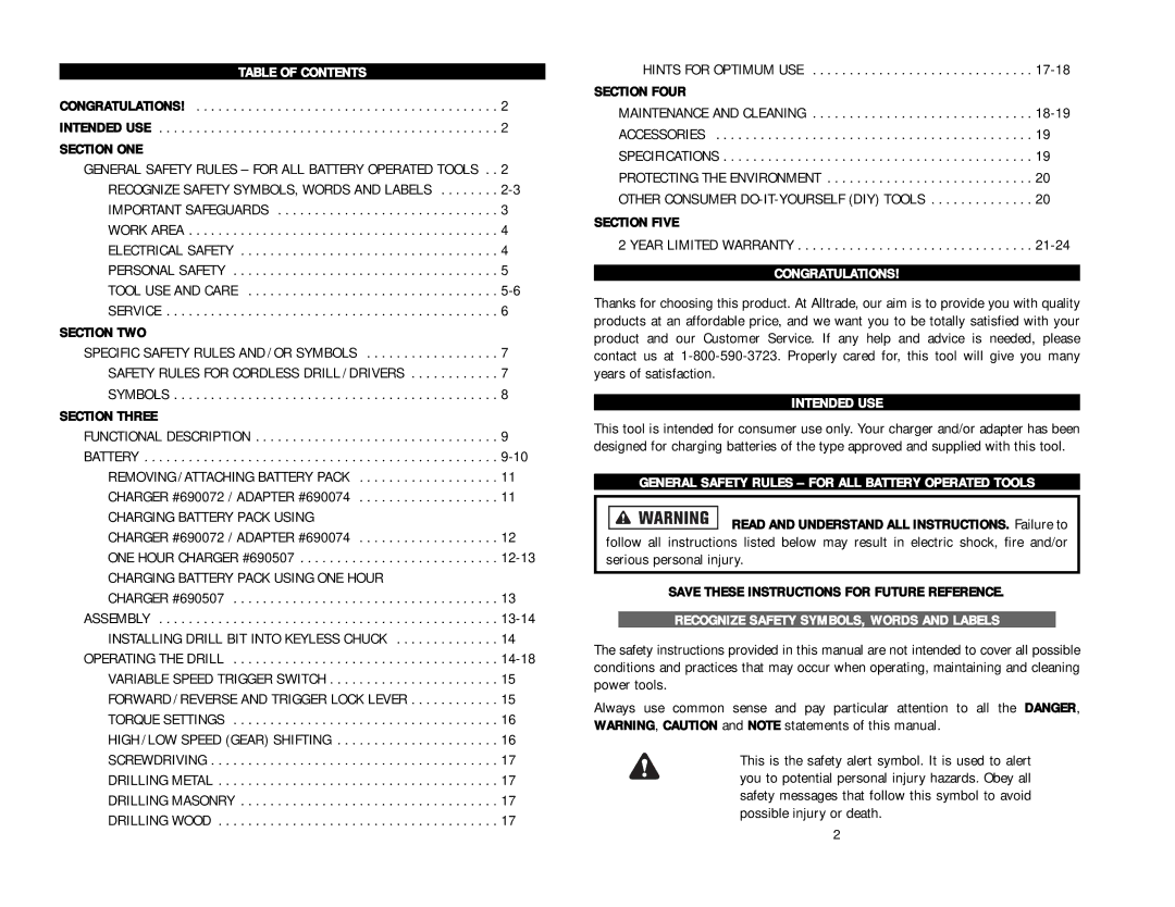 Kawasaki 840595 Table of Contents, Congratulations, Intended USE, General Safety Rules for ALL Battery Operated Tools 