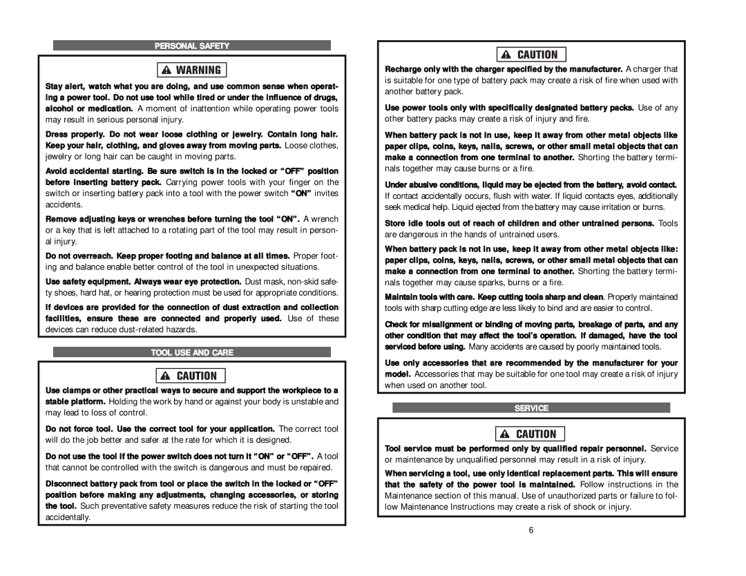 Kawasaki 840595 instruction manual Personal Safety, Tool USE and Care, Service 