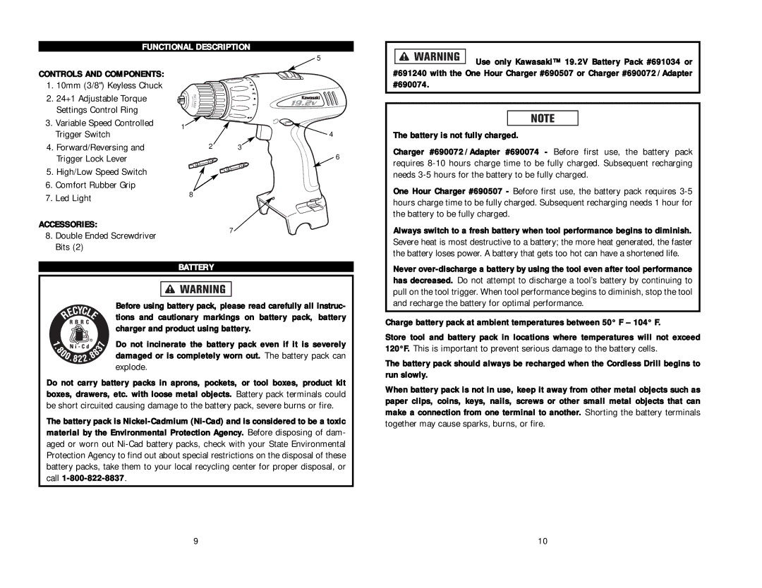 Kawasaki 840595 instruction manual Functional Description, Controls and Components, Accessories, Battery 