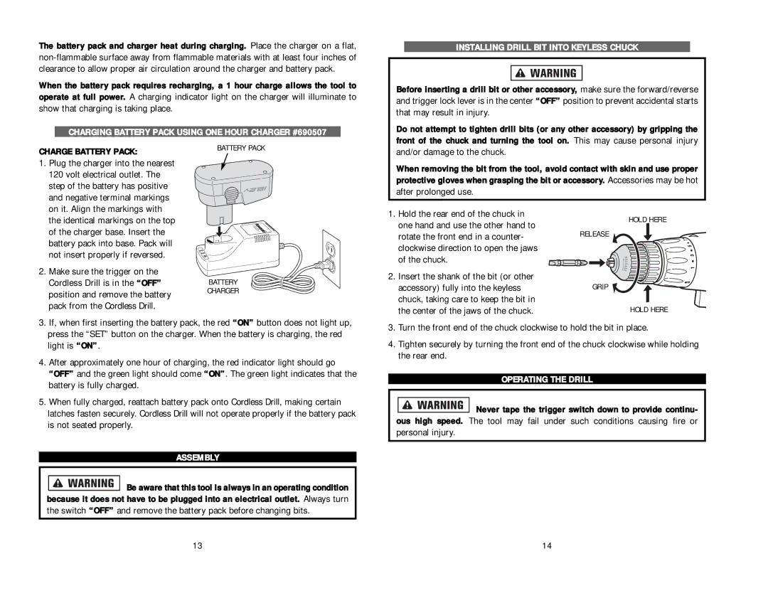 Kawasaki 840595 instruction manual Assembly, Operating the Drill 