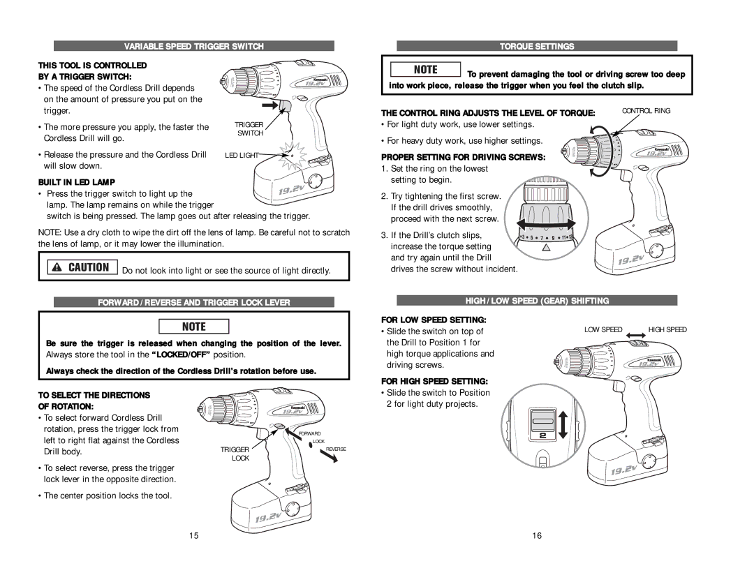 Kawasaki 840595 instruction manual Variable Speed Trigger Switch Torque Settings, Forward / Reverse and Trigger Lock Lever 