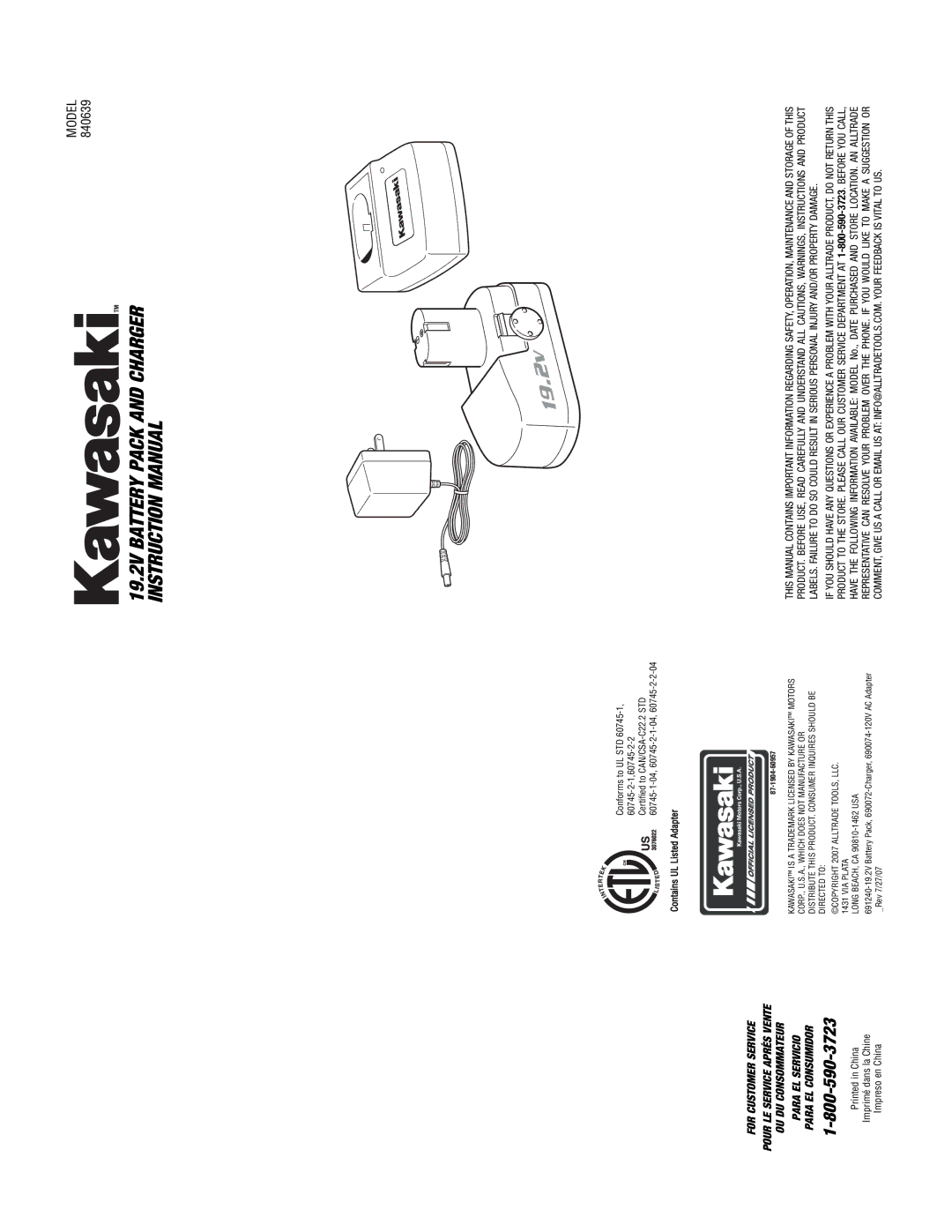 Kawasaki 840639 manual Model 