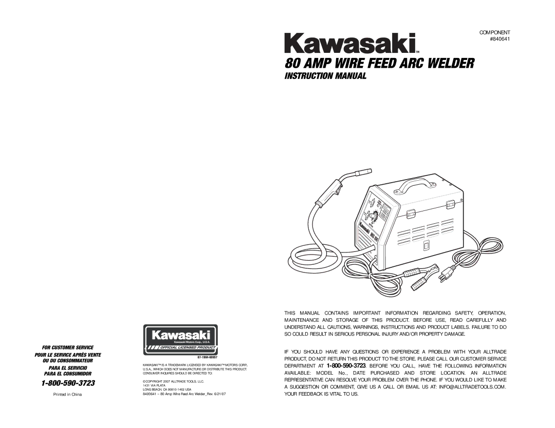 Kawasaki 840641 instruction manual AMP Wire Feed ARC Welder 