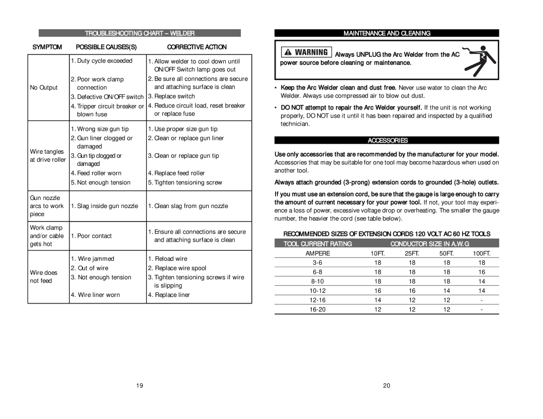 Kawasaki 840641 instruction manual Troubleshooting Chart Welder, Maintenance and Cleaning, Accessories, Tool Current Rating 