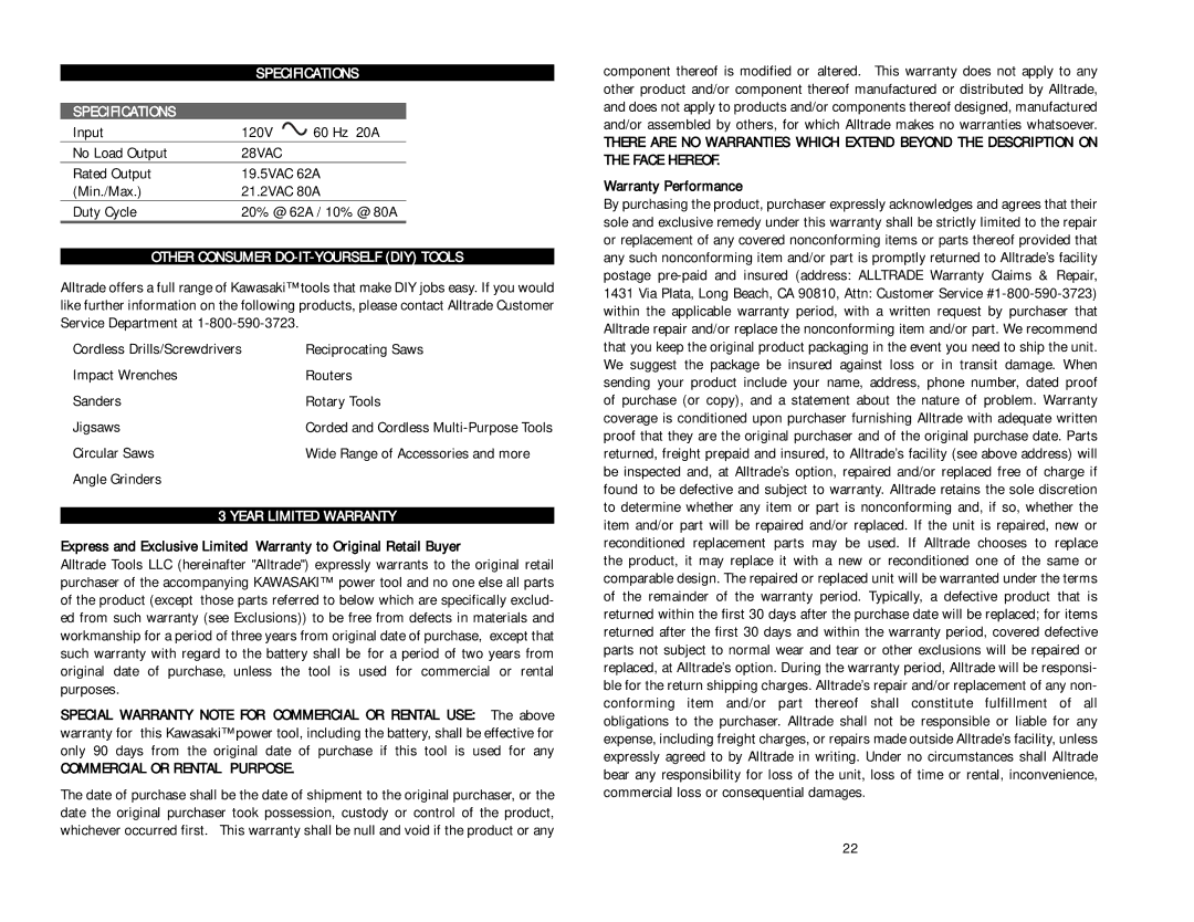 Kawasaki 840641 instruction manual Specifications, 28VAC, Other Consumer DO-IT-YOURSELF DIY Tools, Year Limited Warranty 