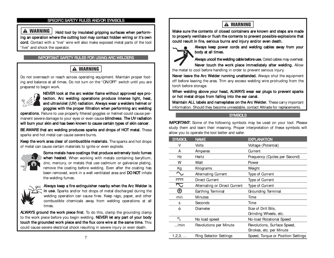 Kawasaki 840641 Specific Safety Rules AND/OR Symbols, Important Safety Rules for Using ARC Welders, Ring Selector Settings 