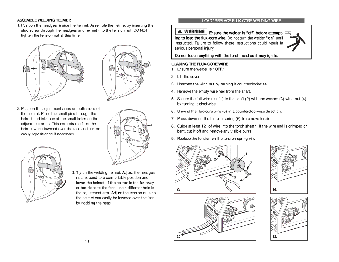 Kawasaki 840641 Assemble Welding Helmet, Load / Replace Flux Core Welding Wire, Loading the FLUX-COREWIRE 