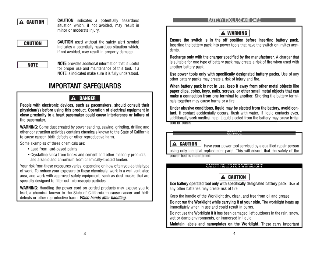 Kawasaki 840646 manual Battery Tool USE and Care, Service, Power tool is maintained, Safety Rules for Worklight 