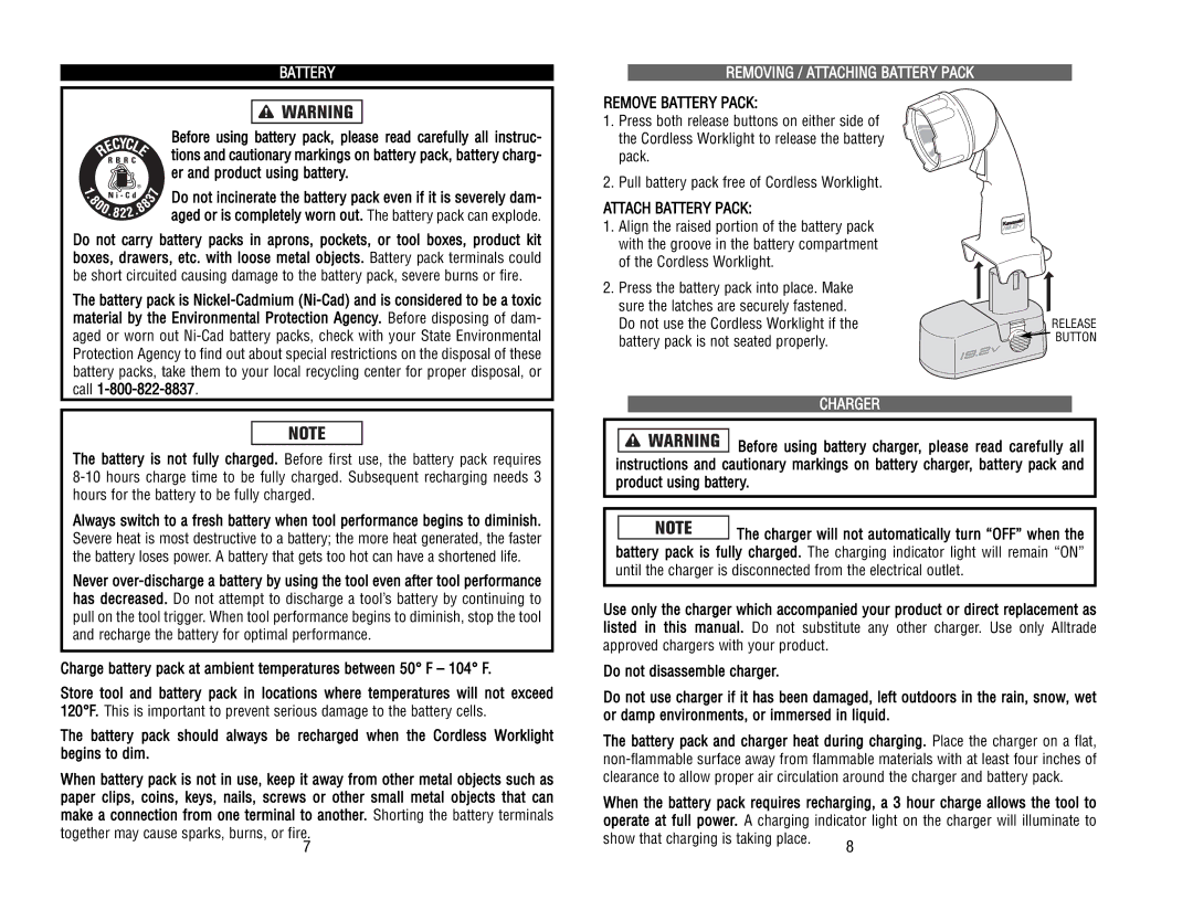 Kawasaki 840646 manual Removing / Attaching Battery Pack, Remove Battery Pack, Attach Battery Pack, Charger 